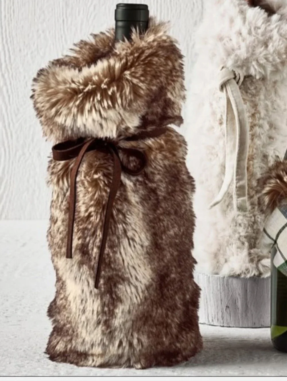 Pottery Barn Faux Fur Wine Cozy Gift Bag